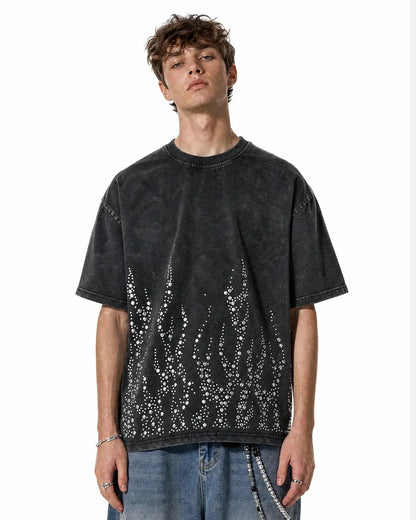 Back three-quarter view of the washed rhinestone flame boxy T-shirt