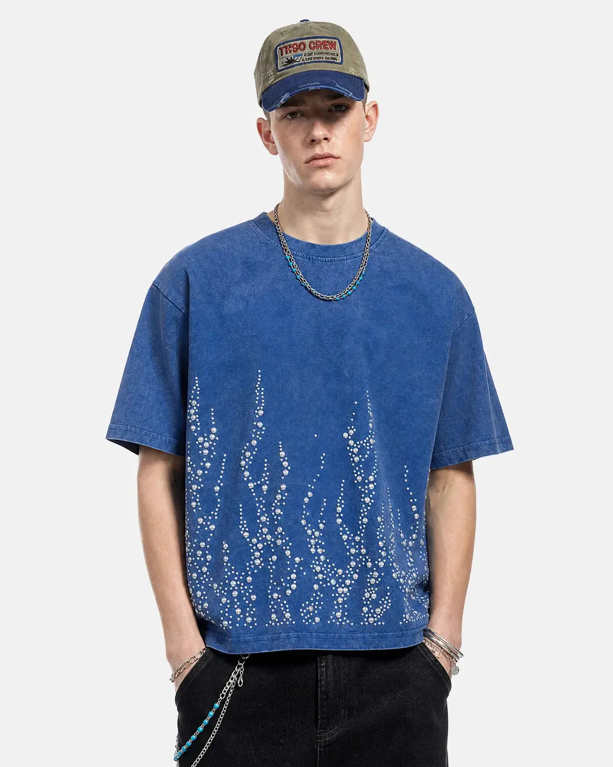 Washed boxy T-shirt with rhinestone flame graphic shown from the front