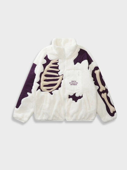 Unisex Fleece Zip Front Jacket Bone Print Black White